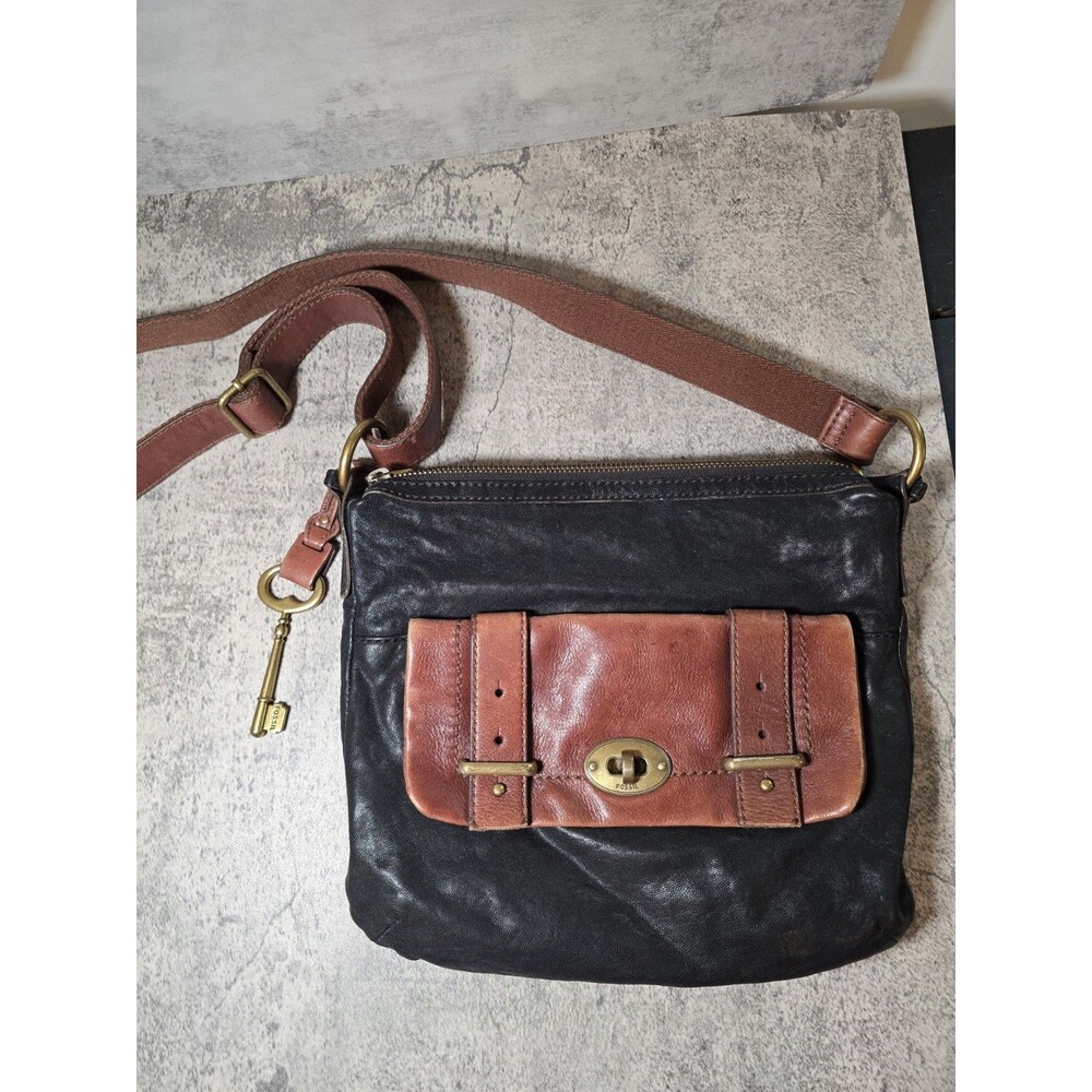 FOSSIL Handbag Vintage Pebble Leather Messenger Crossbody Y2K Black Brown